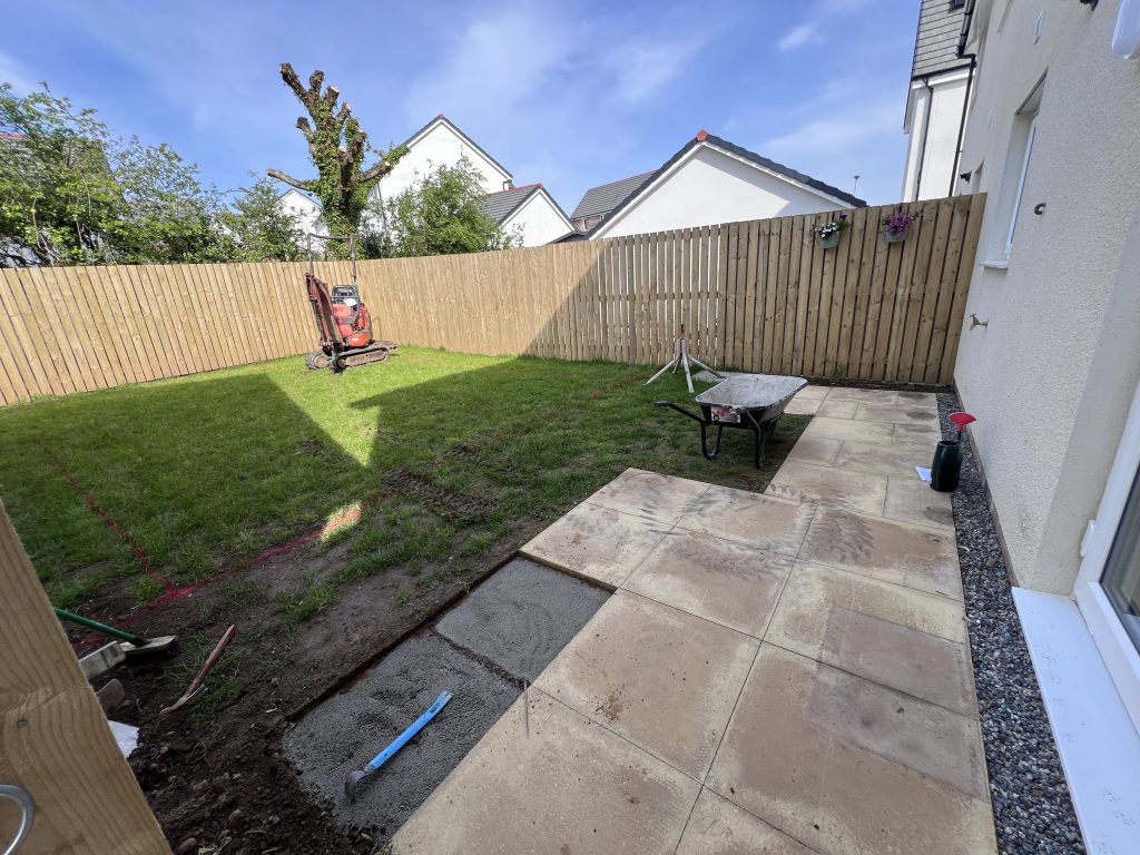 a backyard with a fence and a lawn